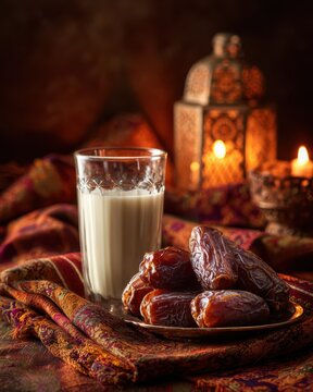 Ramadan iftar table with sweet dates and fresh milk beside glowing lanterns on traditional fabric, prepared at sunset for Muslim families breaking the daily fast during the Islamic holy month