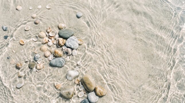 Shells in shallow water flat lay