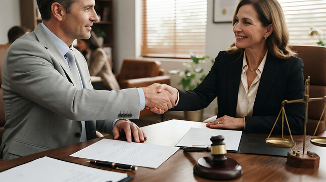 Professional attorney and client shaking hands across a wooden desk with legal documents
