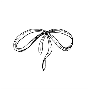 Ribbon bow hand drawn vector ink sketch line art. Monochrome graphic element for luxury packaging branding, minimalist fashion print tattoo, linework decorative logo design and creative poster print
