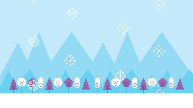 Flat winter landscape animation with falling snowflakes and stylized forest trees against mountain background.
