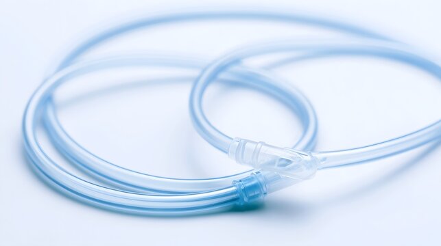 Coiled transparent medical tubing with connectors  resting on a clean white surface under soft lighting
