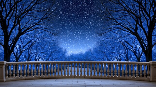Enchanting night sky with a starry expanse viewed from a balcony with bare trees.