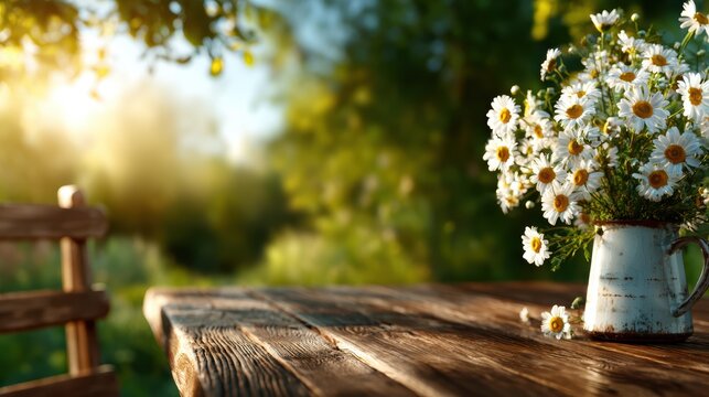A beautiful vase filled with daisies captures the essence of nature, highlighting warmth, tranquility, and the simple joys of life on a sunlit wooden table outdoors.