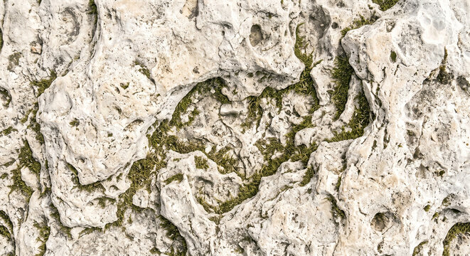 Eroded limestone rock surface with deep crevices and green moss