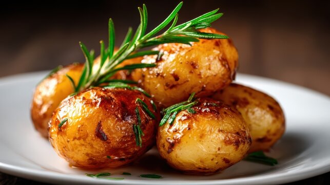 A delectable plate of golden roasted potatoes garnished with fresh rosemary, showcasing culinary art with vibrant colors and textures ready to tantalize the taste buds.