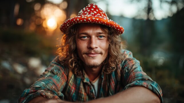 A relaxed young man with wavy hair wearing a quirky mushroom hat enjoys nature, capturing a whimsical and adventurous spirit amidst the tranquil forest setting at sunset.