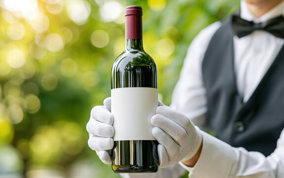 Waiter in white gloves holding bottle of red wine with blank label