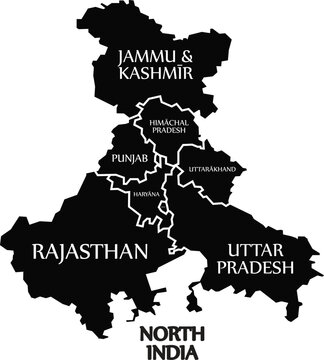 Map of north india showing states &mdash; jammu, kashmir, himachal pradesh, punjab, haryana, uttarakhand, rajasthan