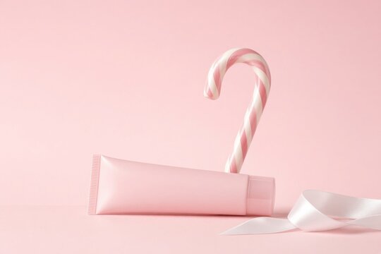 Playful luxury Christmas beauty still life with a pastel pink cosmetic tube and pink-and-white candy cane on a soft blush pink background.