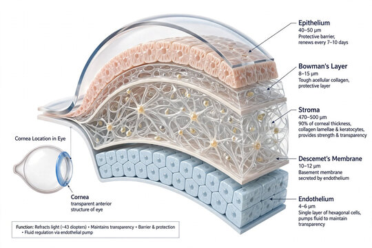 Human Cornea Layers Anatomy Cross Section 3D Illustration