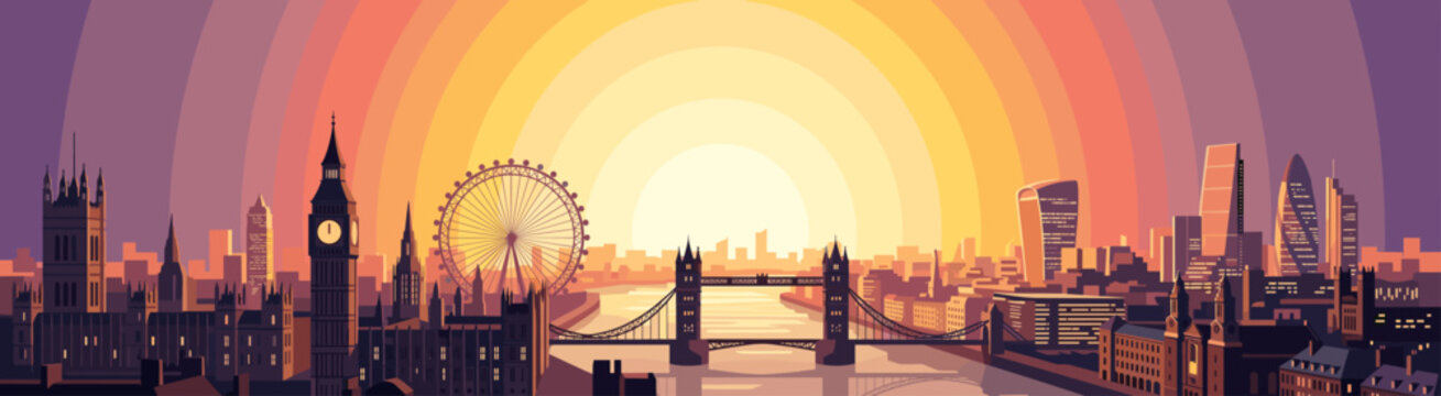 Stylized vector illustration of the London city skyline at sunset with iconic landmarks.