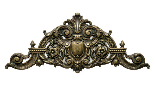 Antique bronze decorative pediment with ornate baroque floral scrollwork isolated on white