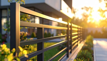 Fototapeta premium Modern Metal Fence Exterior Design Featuring Horizontal Slats and Sunset Lighting for Residential Landscaping Improvement
