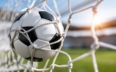 Naklejka premium Soccer ball hitting goal net on green field