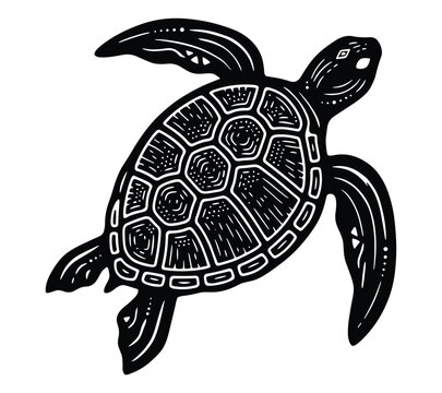 Sea turtle illustration with detailed shell pattern black silhouette