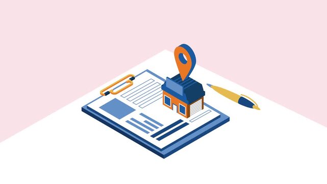 Isometric animation of real estate paperwork with a clipboard, house icon, location pin, and pen on a clean background.