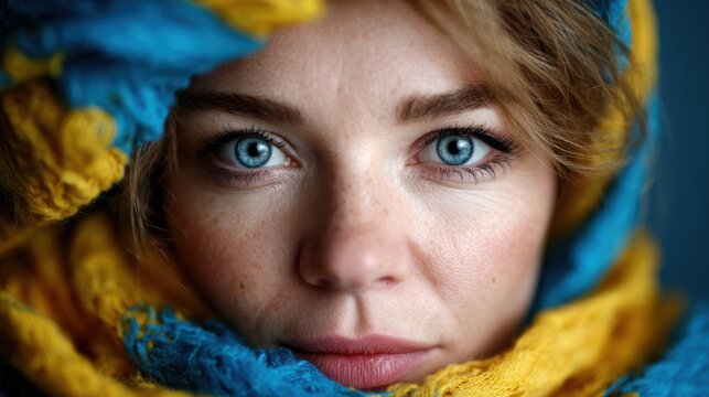 A striking close-up of a woman with captivating blue eyes wrapped in a bright yellow and blue scarf, conveying warmth, beauty, and emotion against a blurred background.