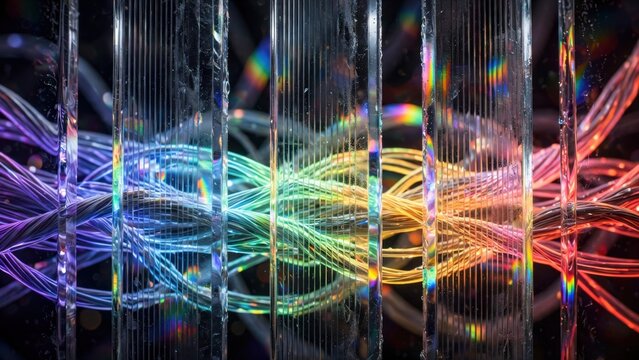 Vibrant threads of light weave through prismatic glass, casting rainbow hues