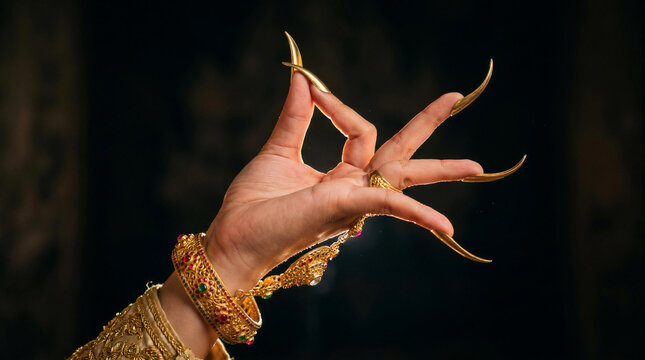 Close up of traditional Thai dancer hand making classical gesture with long fingernails and jewelry