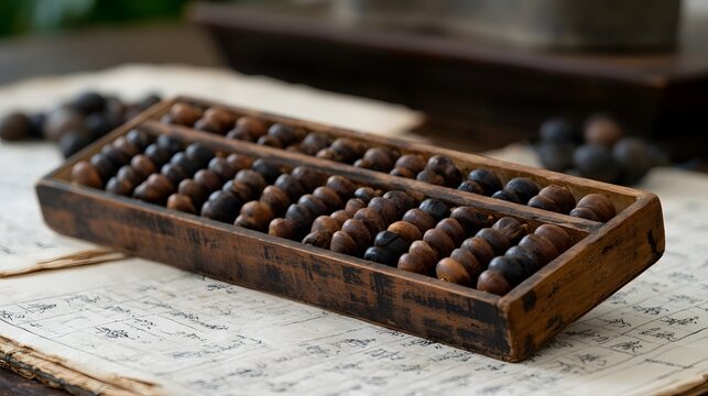 An antique wooden abacus with dark beads rests on aged parchment documents with handwritten characters