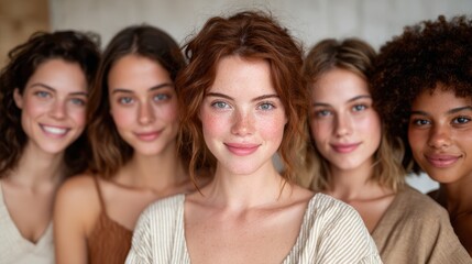 Fototapeta premium A group of five diverse women stands together, showcasing their beautiful smiles and natural beauty, radiating joy and friendship, perfect for themes of unity and empowerment.