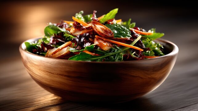 A vibrant salad filled with greens and colorful vegetables, artistically arranged in a rustic wooden bowl, perfect for healthy lifestyle imagery and culinary inspiration.