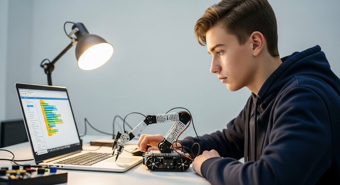Teenage student intently programming a robotic arm connected to a laptop in a well-lit workspace