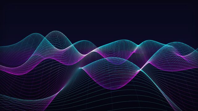 Abstract digital wave background, flowing neon blue and purple frequency lines, futuristic technology data visualization loop