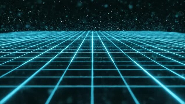 Abstract pulsing electric cyan grid with glowing particles in dark space with video abstract perspective background technology