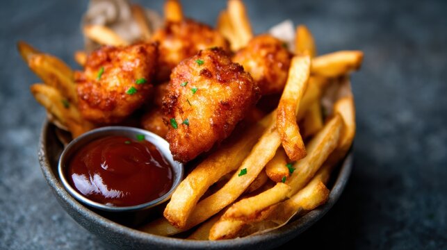 This mouth-watering image showcases crispy fried chicken served with golden French fries, embodying comfort food that tantalizes the taste buds and evokes childhood memories.