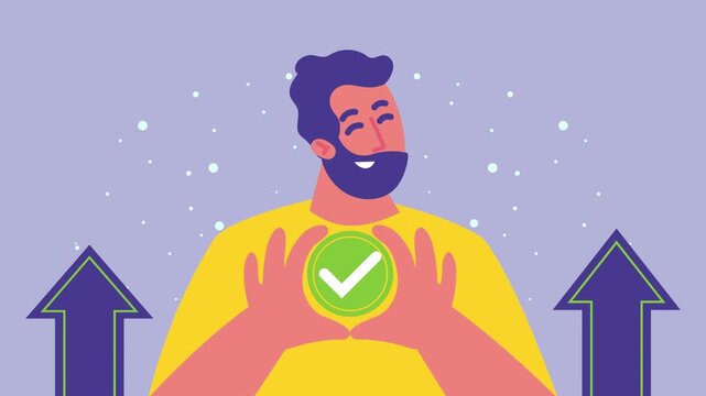 Happy man holding green checkmark symbol showing success and growth motion graphics.