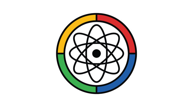 Colorful atom symbol with circular energy gauge and four sections indicator