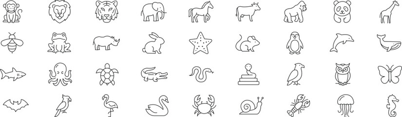 Fototapeta premium Editable Animals and Wildlife Line Icons Set – Lion, Tiger, Elephant, Horse, Panda, Birds and Marine Animals