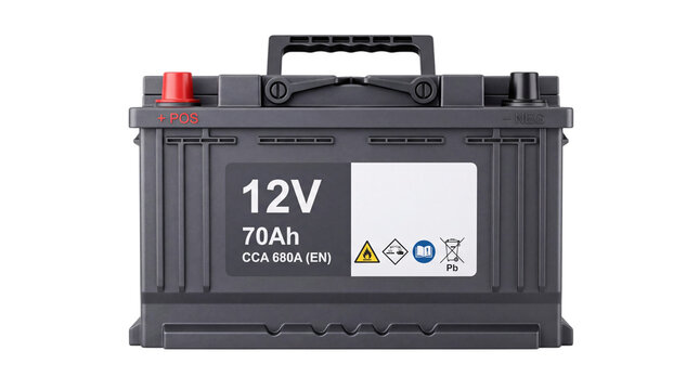 12 v 70 ah car battery with red and black isolated on png transparent background