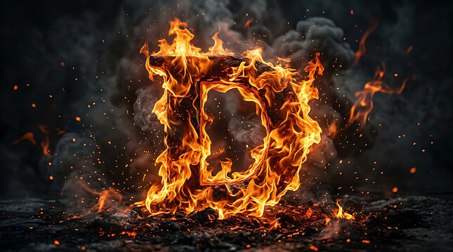 Capital letter D engulfed in intense flames and smoke during a fiery explosion with embers scattering