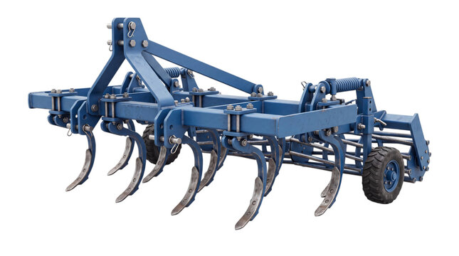 Blue agricultural tiller with multiple tines and isolated on png transparent background