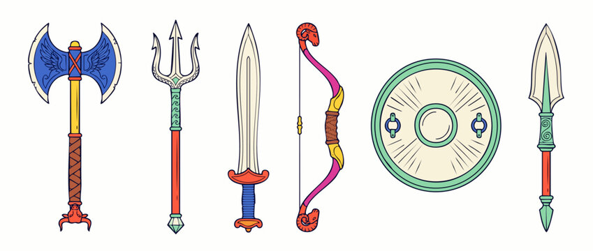 Ancient fantasy weapons vector set featuring medieval battle axe trident sword bow shield and spear isolated on white background for game design RPG equipment mythological warrior gear illustration