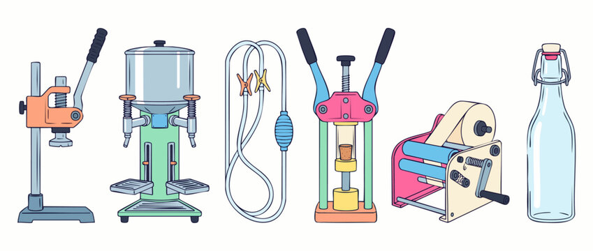 Home Winemaking Bottling Equipment Set Vector illustration with manual bottle capper, liquid filler machine, siphon tube pump, corker press, label applicator, and glass bottle on white background.