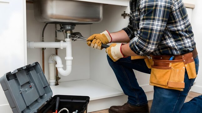 Professional plumber repairing a kitchen sink drain pipe with a wrench under the cabinet.
