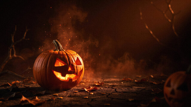 Glowing Halloween Jack-O-Lantern with Smoke and Sparks on Cracked Ground with Copy Space