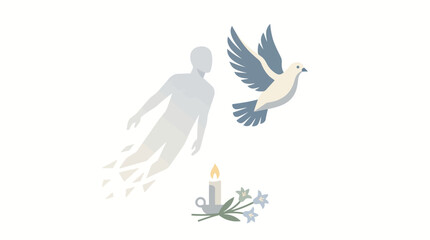 Fototapeta premium Conceptual Illustration Featuring a White Dove Flying Beside a Fading Human Silhouette and a Memorial Candle for Peace and Remembrance