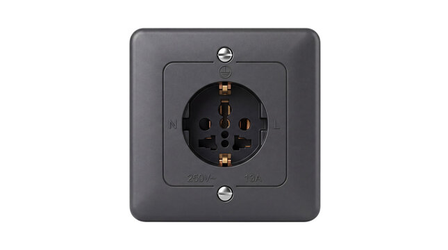 Gray electrical socket with universal plug slots isolated on png transparent background
