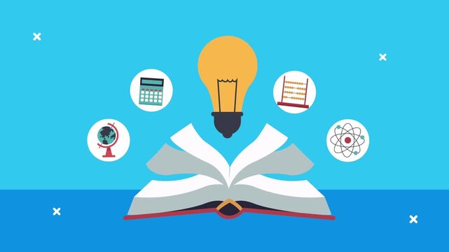 Open book reveals light bulb and educational icons for knowledge and learning.
