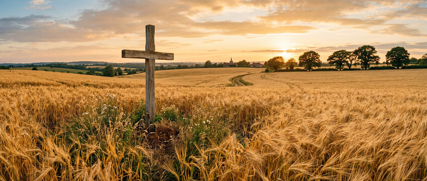 Golden wheat field glowing in clear morning light