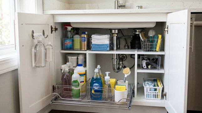 Organized Under Sink Cabinet Storage Featuring Pull Out Drawers and Efficient Cleaning Supply Management in a Modern Home Kitchen