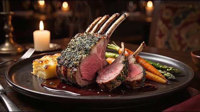Footage of gourmet herb crusted rack of lamb served in a candlelit fine dining restaurant.