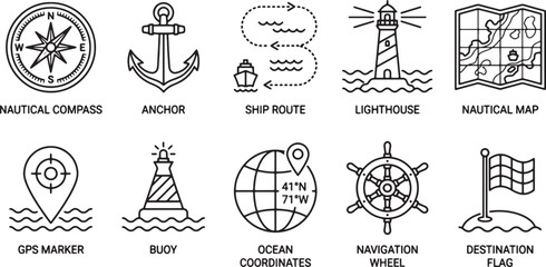 Fototapeta premium Nautical Navigation Line Icons Set, Marine Travel Outline Vector Collection for Compass, Anchor, Ship Route, Lighthouse, Buoy and Ocean Map Design