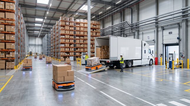 Modern Logistics Warehouse with Autonomous Mobile Robots and White Cargo Truck at Loading Dock