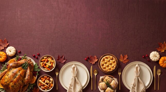 Top view of a festive thanksgiving dinner table setting with roasted turkey and various side dishes on dark background